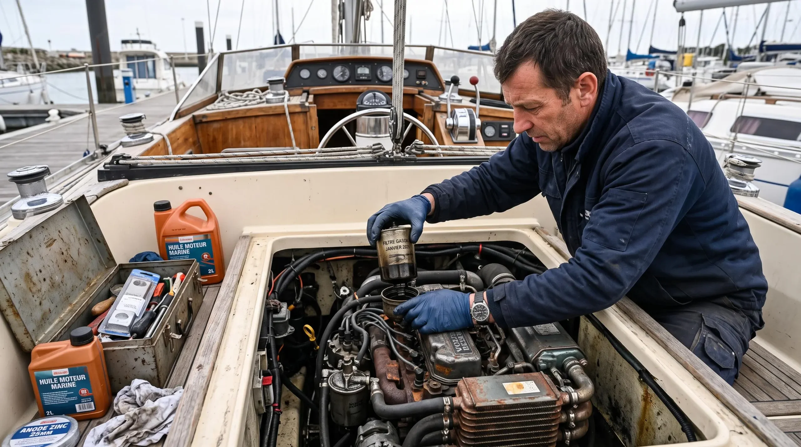 Mécanicien nautique penché sur compartiment moteur diesel in-bord ouvert d'un voilier au ponton, mains gantées tenant une pièce moteur, caisse à outils et bidons d'huile marine visibles, lumière naturelle diffuse extérieure