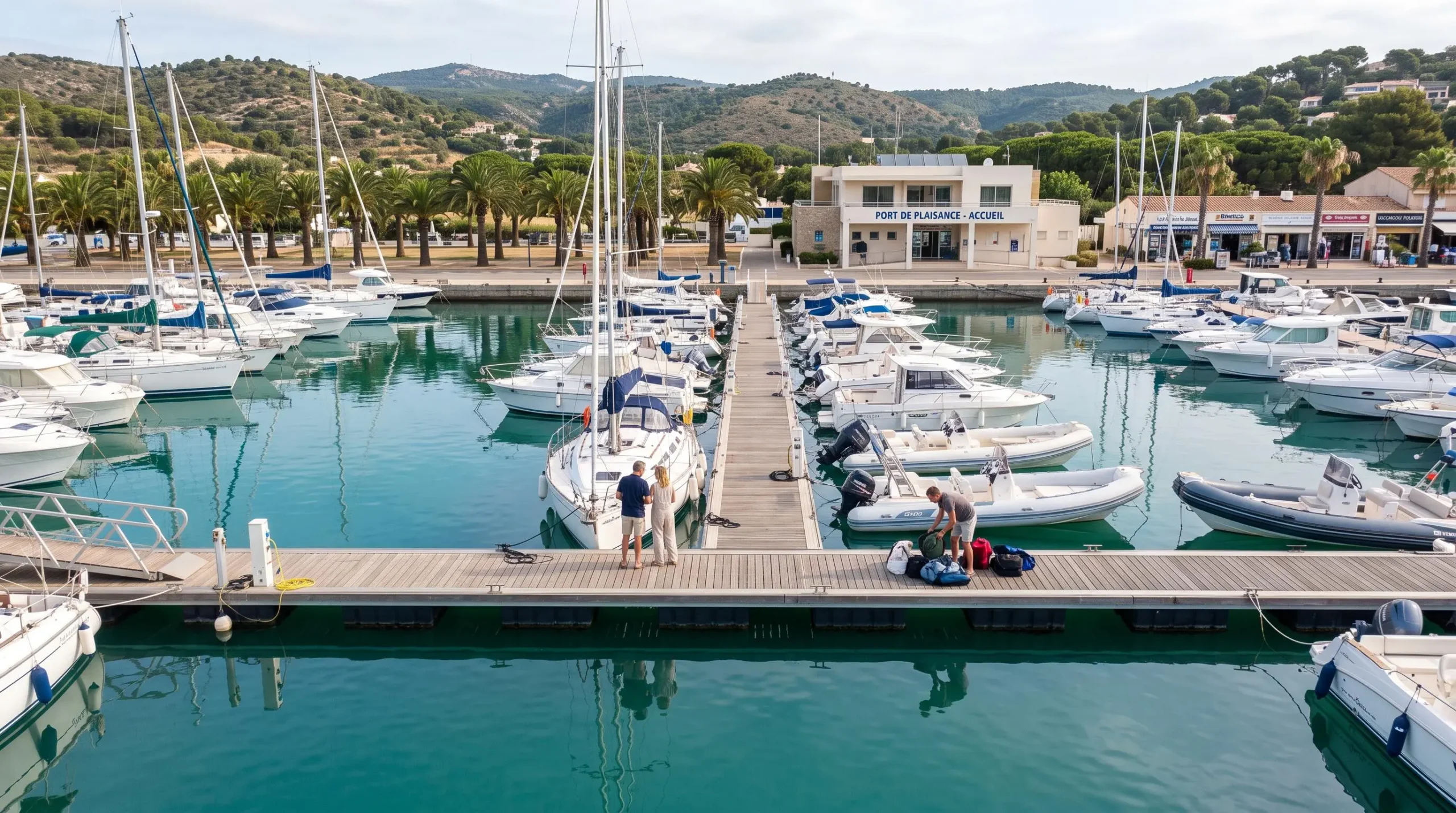 Vue aérienne d'un port de plaisance méditerranéen français, rangées de pontons avec voiliers et bateaux à moteur amarrés, trois personnes sur les pontons, eau turquoise calme, capitainerie et palmiers en arrière-plan, lumière matinale douce