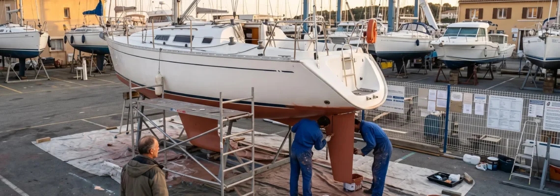 Voilier de croisière sur béquilles dans un chantier naval français, propriétaire observant l'application d'antifouling par deux techniciens sur la coque, équipements de maintenance visibles, lumière dorée de fin d'après-midi