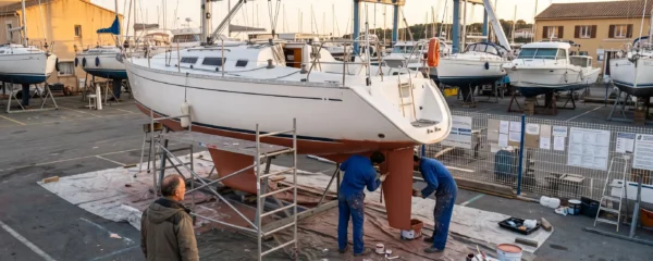 Voilier de croisière sur béquilles dans un chantier naval français, propriétaire observant l'application d'antifouling par deux techniciens sur la coque, équipements de maintenance visibles, lumière dorée de fin d'après-midi